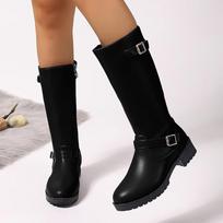 Batai moterims Dydis plius Platus blauzda Moteriški pusiau aukšti batai Ne aukščiau kelių Aukšti batai Dirželis Šoninis užtrauktukas Zapatos De Mujer 38 juoda