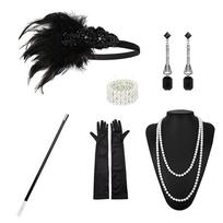 1Renginys 1920 m. sklendžiantis Cosplay kostiumas, plunksnas, galvos apdangalas perlų karoliai, apyrankės, kojinės, ilgos pirštinės Gatsby maskuoklio priedai black