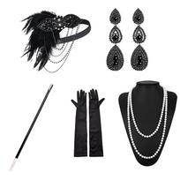 1Renginys 1920 m. sklendžiantis Cosplay kostiumas, plunksnas, galvos apdangalas perlų karoliai, apyrankės, kojinės, ilgos pirštinės Gatsby maskuoklio priedai black