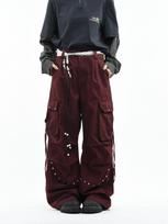 American retro washed multi-pocket tooling jeans men's and women's waist rope decorative design loose wide-leg straight trousers M raudona