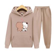 Bubu And Dudu Drink Bubble Tea Print Women Hoodie Set Kawaii Female Sweatshirt Harajuku Loose Long Sleeve Plus Size Clothes S gray
