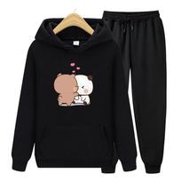Bubu And Dudu Drink Bubble Tea Print Women Hoodie Set Kawaii Female Sweatshirt Harajuku Loose Long Sleeve Plus Size Clothes 3XL black