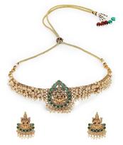 Sparkling Indian Temple Gold Plated Green Beads Choker Necklace Set With Studs Earring | Jewellery Set For Women Onesize beige