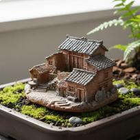 Bonsai House Ornament Vintage Design Miniature Model Detailed Craftsmanship Rustic Village black