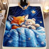 1pc Fox and Teddy Bear Sleeping Under Stars Night Sky Flannel Blanket Soft Dreamy Throw for Kids Room Bedding Decor Gift Size: 75*100cm, Weight: 320 GSM gray