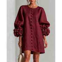 Moteriška lininė mini tunika su apvalia apykakle, pūstomis ilgomis rankovėmis, 3D gėlių rankogaliais, gėlių sagomis, laisvo kirpimo, elegantiška, boho, vasaros paplūdimio vakarėlio trumpa suknelė S tamsiai raudona spalva