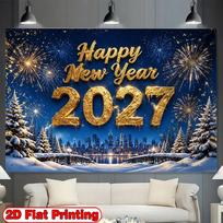 Happy New Year 2027 Polyester Backdrop, Foldable Photo Banner for Holiday Parties and Portrait Photography 7.9*5.9ft/94.5*70.9in/240*180cm brown