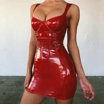 Women Sexy  Wrapped Chest Hip Sling Waist Pleated Dress M raudona