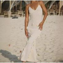 3D Flower Knit Dress Women V-neck Sleeveless Sling Long Beach Summer Slim Lady Robes S abrikosas