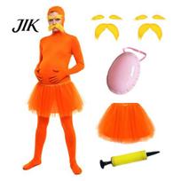 Viso kūno Zentai kostiumas Oranžinis kombinezonas, su tiulio sijonu, dirbtiniu pilvu, geltonais ūsais ir antakiais, Helovino Cosplay kombinezonas Atviras veidas kostiumas, 160cm C red