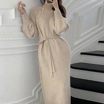 High End Knitted Dress Women's Autumn Winter Stretch Sweaters Long Dress Female Retro Chic Buttons Stylish Turtleneck Base Dress M