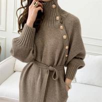 High End Knitted Dress Women's Autumn Winter Stretch Sweaters Long Dress Female Retro Chic Buttons Stylish Turtleneck Base Dress M