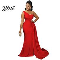 Prom Dress Lady Evening One Shoulder Sleeveless Split Hem Solid Color High Slit Gown Pleated Cocktail Party Maxi Ball One-shoulder Attire S raudona