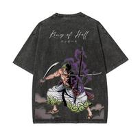 ONE PIECE Zoro King of Hell Vintage Washed T-Shirt Three Knives Ghost Purple Fire Old Loose Anime Street Short Sleeve Summer Top M black