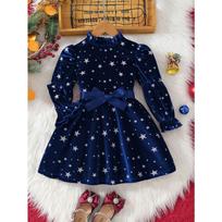 Girls Korean Velvet Star Printed Ruffled Round Neck Long Sleeve Tunic Dress with Belt 130cm mėlyna