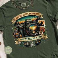 Photographer Gift T-Shirt, Vintage Camera Photography Tee, Capture Life's Moments One Photo At A Time Graphic Art Apparel for Photo Lovers S black