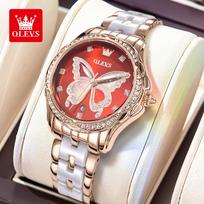 OLEVS 5610 Women Watch Fashion Elegant Diamond Butterfly Dial Ceramic Strap Waterproof Luminous Watch Luxury Top Quartz Watch beige