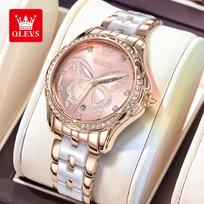OLEVS 5610 Women Watch Fashion Elegant Diamond Butterfly Dial Ceramic Strap Waterproof Luminous Watch Luxury Top Quartz Watch beige