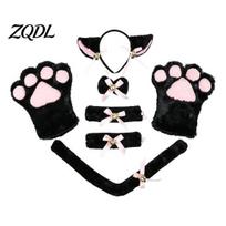 Animal Paw Gloves 7Pcs Cat Cosplay Costume Set, Ear Headband, Gloves, Bow Collar, Bell Wristband Wristband, Tail, Halloween Party Kitten Accessories juoda