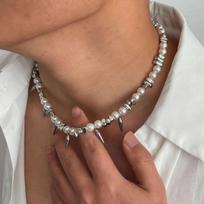 SHIXIN Punk Imitation Pearl Rivet Choker Necklace for Men Trendy Irregular Silver Color CCB Beaded Neck Chain Male Jewelry Gift balta