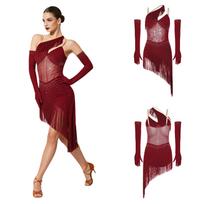 Girls Samba Cha-cha Performance Dress Rhinestone Embellished Sleeveless Asymmetrical Tassel Hem with Gloves for Dance Stage Show XL