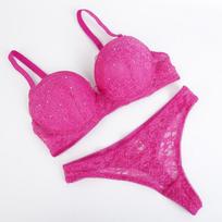 Sexy Thong Lady Push Up Bra Lace Bralette Underwear Panty Set Intimates Women Bra Brief Set 36C rožinė