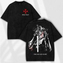 Deus Vult Washed Tee: Medieval Crusader Faithcore Streetwear - Christian Warrior M white