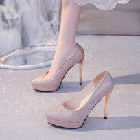 Fashion 12cm ultra-high heel single shoes for women, new style of petite pointed-toe thin-heeled waterproof platform sexy high heels 35 gray