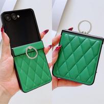 Applicable to Samsung Galaxy ZFlip7 Ring Bracket Leather Case Rhombus zflip6/5/4 Folding Anti-drop Protective Case Huawei nova flip žalia