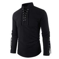 Men's Medieval Pirate Dress Stylish Streetwear Halloween Gothic Style V-neck Tops Solid Color Cotton Linen Breathable T-shirt XS juoda