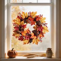 Thanksgiving Fall Pumpkin Artificial Maple Leaf Decorative Wreath and Halloween Glass Static Cling Decals One Size brown