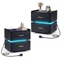 Naktinis staliukas rinkinys su LED naktine lempa ir įkrovimo stotele 45x40x48 cm juodas metalinis pagrindas