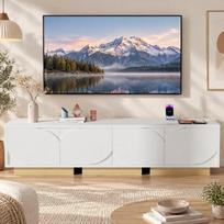 175 cm baltas TV staliukas – su integruota elektros lizdų sistema – tinka iki 80 colių įstrižainės televizoriams