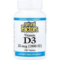 Natural Factors, Vitaminas D3, 25 mcg (1000 TV), 180 tablečių
