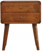 Artisan Furniture Lenktas mango medienos naktinis staliukas su 2 stalčiais, kaštono atspalvio