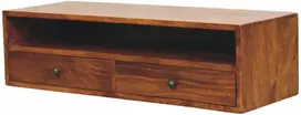 TV staliukas Artisan Furniture Lunar prie sienos montuojama mango medienos TV spintelė su 2 stalčiais, kaštono atspalvio