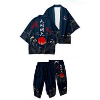 Nacionalinio stiliaus gervės kardiganas-apsiaustas kostiumas 3D spausdintas drakono totemas Ukiyo-e katė Devynių taškų kelnės Kimono chalatas M black