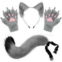 4 vnt./rinkinys pliušinės lapės ausys ir uodega, purios katės letenos pirštinės su nagais, gyvūno ausys, Helovino kostiumo aksesuarai, pliušiniai Kitsune Cosplay rinkiniai as show gray
