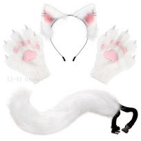 4 vnt./rinkinys pliušinės lapės ausys ir uodega, purios katės letenos pirštinės su nagais, gyvūno ausys, Helovino kostiumo aksesuarai, pliušiniai Kitsune Cosplay rinkiniai as show white
