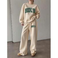 Women's round-neck sweatshirt and drawstring straight-leg pants set, printed design women's two-piece outfit, women's autumn/winter sweatshirt set 5XL smėlis