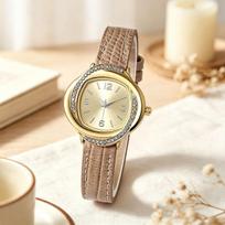 Elegant Ladies Irregular Quartz Watches Gold Case Rhinestone Bezel PU Leather Band Women Watches beige