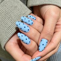 24PCS Almond Press on Nails Light Blue with Dark Blue Polka Dot Print Minimalist Fake Nails Retro Style Reusable False Nails