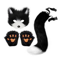 Animal Face Cover Foxes Tail Furry Gloves Plush Animal Tail Foxes Face Cover for Halloween Cosplay Parties juoda/balta