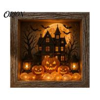 Halloween LED Night Light Shadow Box Frame DIY Lighted Craft Kit, Wooden with Warm Tone Fixture Sea Glass Stones, Gothic Memory Display Case for Shelf F black