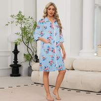Women's Casual Zip-Front Floral Print Three-Quarter Sleeve Knee-Length Lightweight Robe with Pockets for Loungewear and Sleep S tamsiai mėlyna