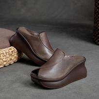 „Johnature“ natūralios odos „Pleep Toe Wedges“ šlepetės moteriškos vintažinės lauko šlepetės storais padais platforminiai batai 39 pilka spalva