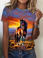 Retro vasarinis marškinėlis, 3D žirgo spaudinio marškinėlis, madingas marškinėlis, apvalios apykaklės trumpomis rankovėmis T-shirt, moteriškas marškinėlis, gyvūno marškinėlis 6XL black
