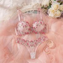 French Pink Floral Embroidered Bra and Thong Lingerie Set L beige