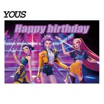 Fun Event Banner Background Cloth Demon Movie Hunters Happy Birthday Clear Characters And Scenes Backdrop Hanging Decoration Kids Party Supplies B pink