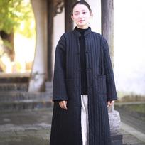 Women's Black Chinese Style Stand Collar Frog Button Quilted Cotton Coat Long Loose Fit Winter Outerwear One size juoda
